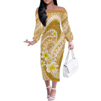 Plumeria Polynesian Gold Glitter Pattern Family Matching Off The Shoulder Long Sleeve Dress and Hawaiian Shirt