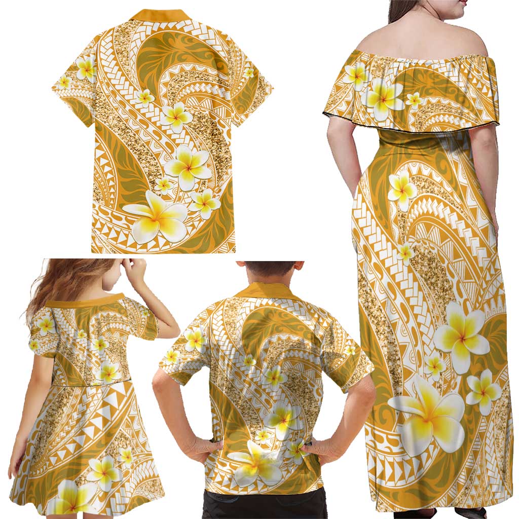 Plumeria Polynesian Gold Glitter Pattern Family Matching Off Shoulder Maxi Dress and Hawaiian Shirt