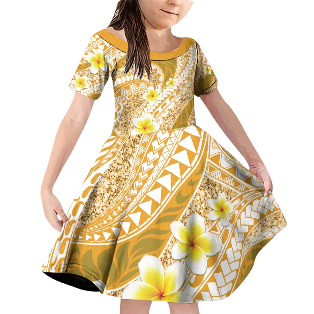 Plumeria Polynesian Gold Glitter Pattern Family Matching Off Shoulder Short Dress and Hawaiian Shirt