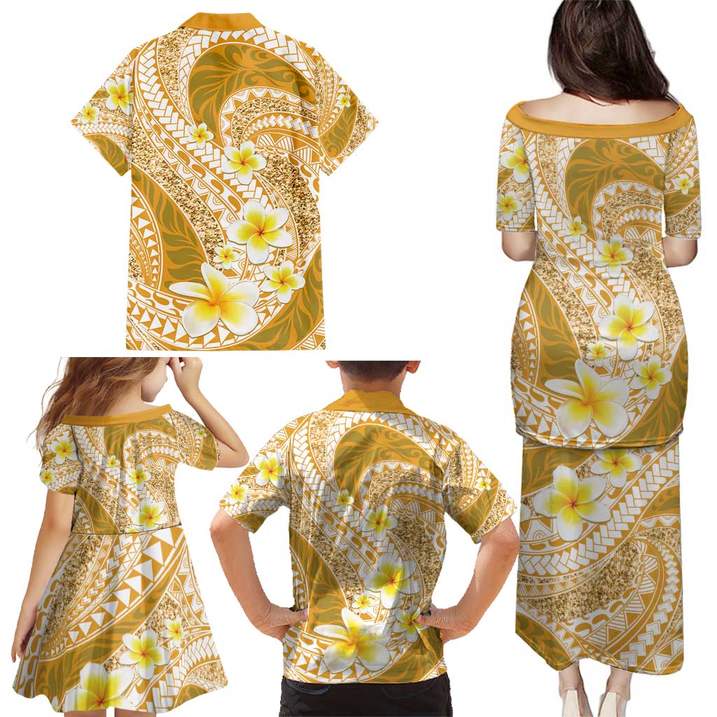 Plumeria Polynesian Gold Glitter Pattern Family Matching Puletasi and Hawaiian Shirt