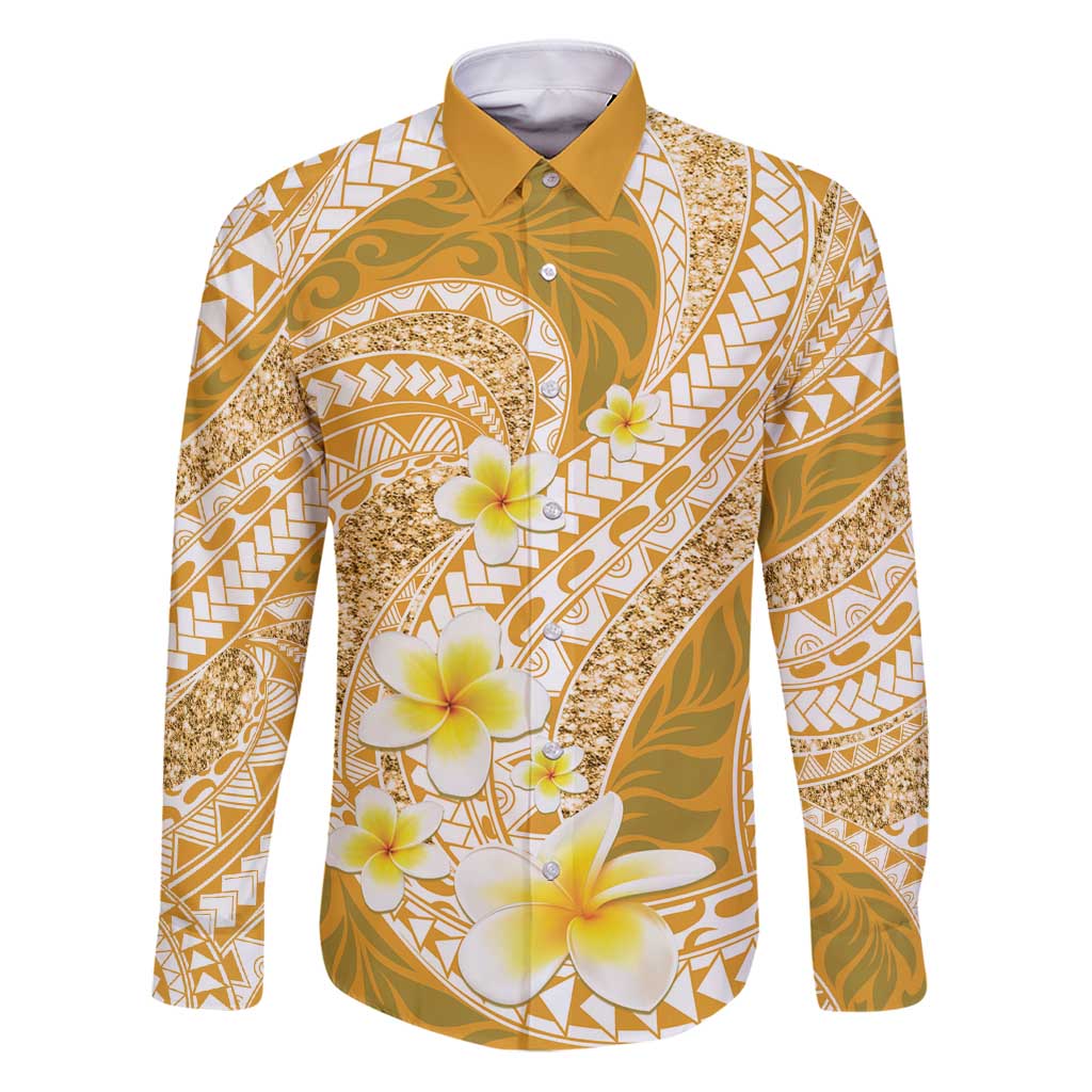 Plumeria Polynesian Gold Glitter Pattern Family Matching Puletasi and Hawaiian Shirt