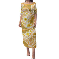 Plumeria Polynesian Gold Glitter Pattern Family Matching Puletasi and Hawaiian Shirt