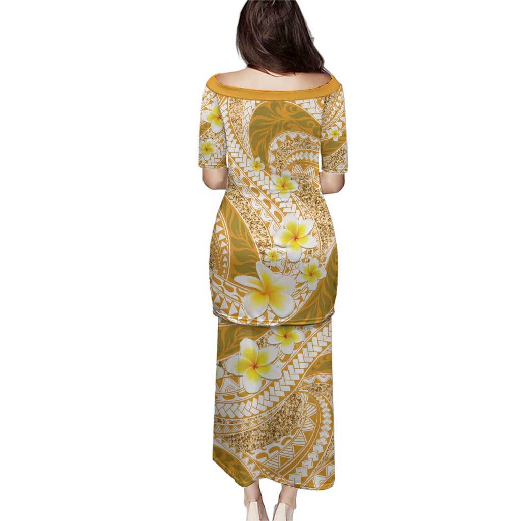 Plumeria Polynesian Gold Glitter Pattern Family Matching Puletasi and Hawaiian Shirt