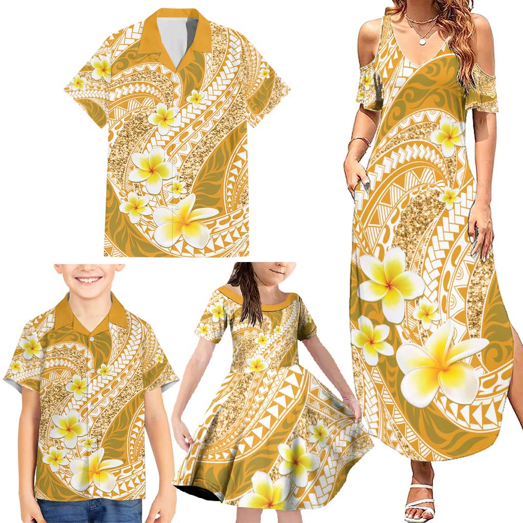 Plumeria Polynesian Gold Glitter Pattern Family Matching Summer Maxi Dress and Hawaiian Shirt