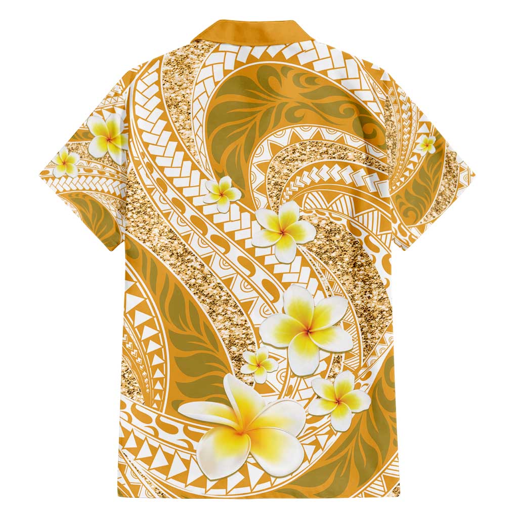 Plumeria Polynesian Gold Glitter Pattern Family Matching Summer Maxi Dress and Hawaiian Shirt
