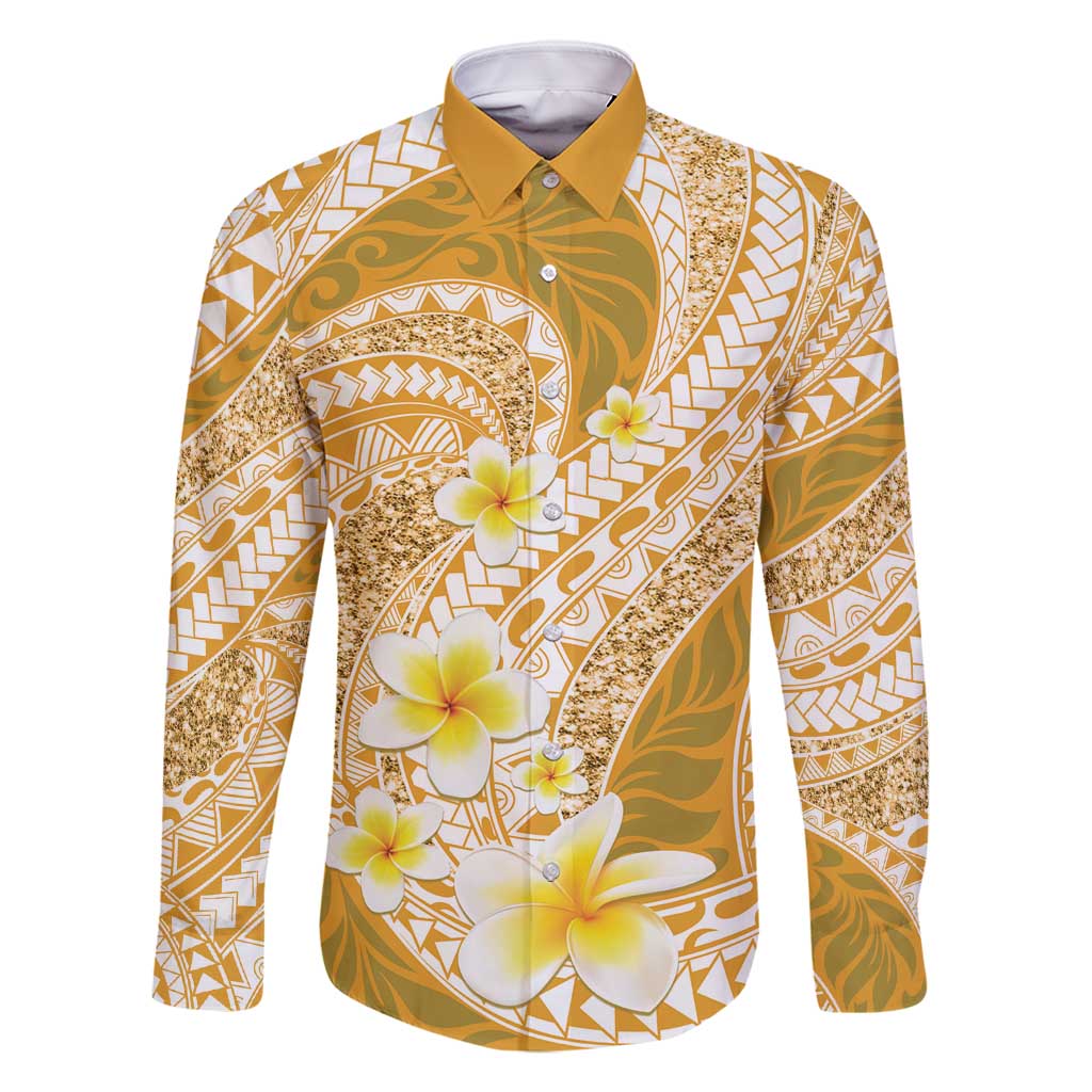 Plumeria Polynesian Gold Glitter Pattern Family Matching Summer Maxi Dress and Hawaiian Shirt