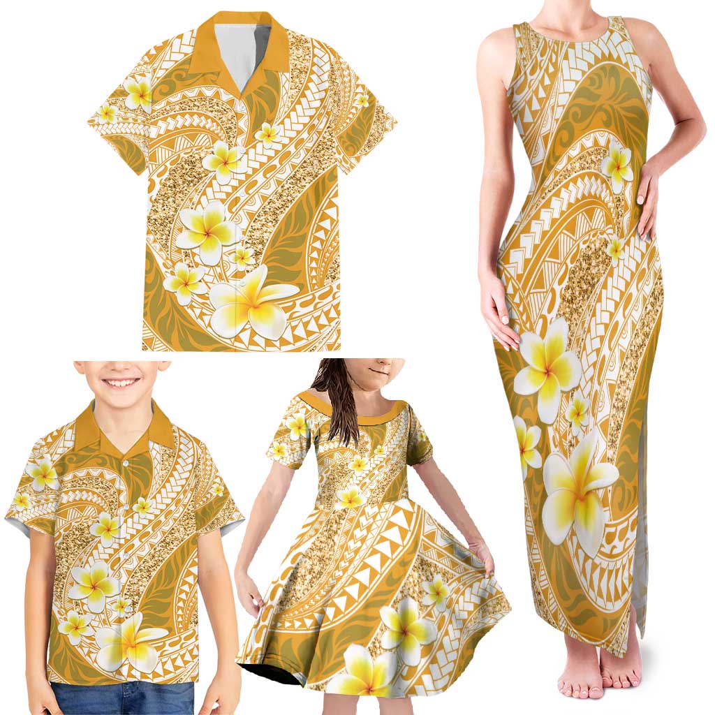 Plumeria Polynesian Gold Glitter Pattern Family Matching Tank Maxi Dress and Hawaiian Shirt