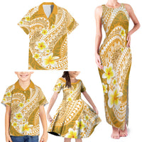 Plumeria Polynesian Gold Glitter Pattern Family Matching Tank Maxi Dress and Hawaiian Shirt