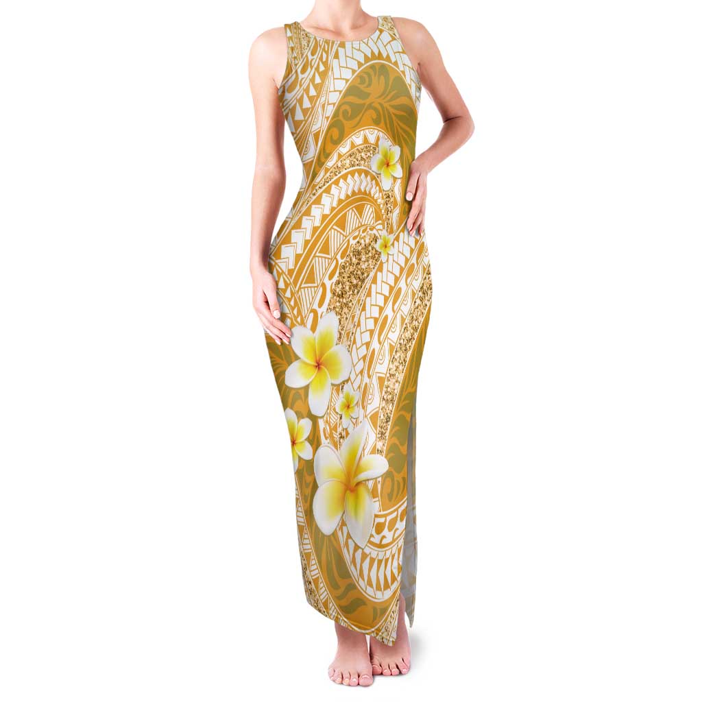Plumeria Polynesian Gold Glitter Pattern Family Matching Tank Maxi Dress and Hawaiian Shirt