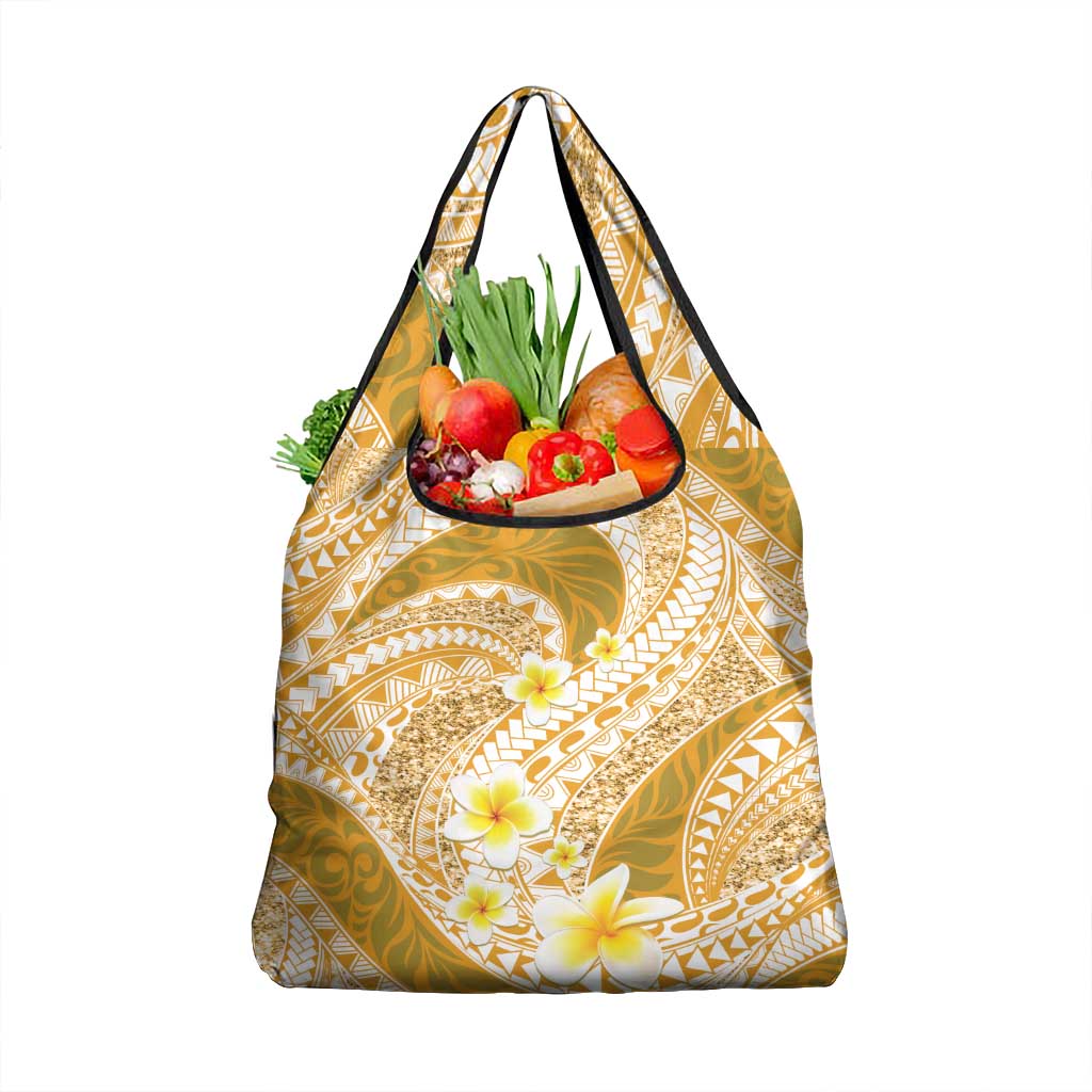 Plumeria Polynesian Gold Glitter Pattern Grocery Bag