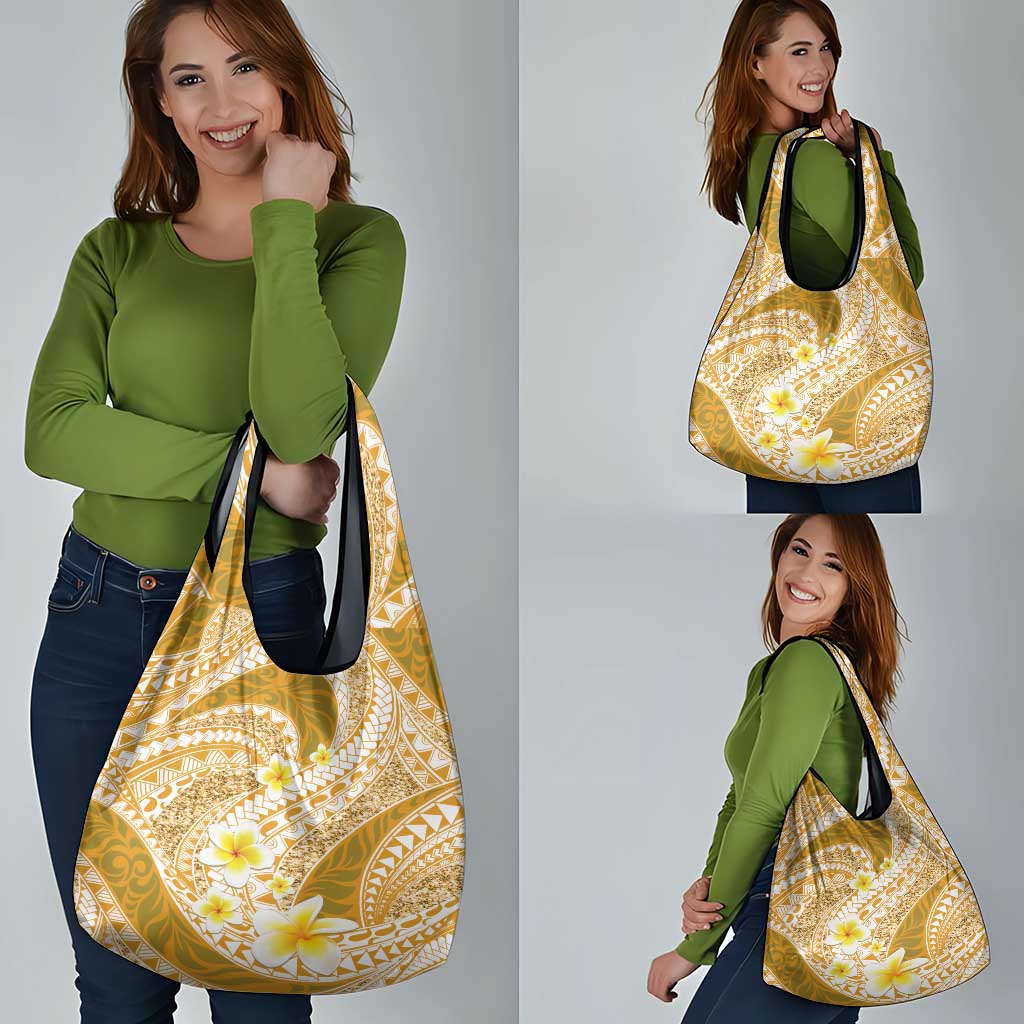 Plumeria Polynesian Gold Glitter Pattern Grocery Bag