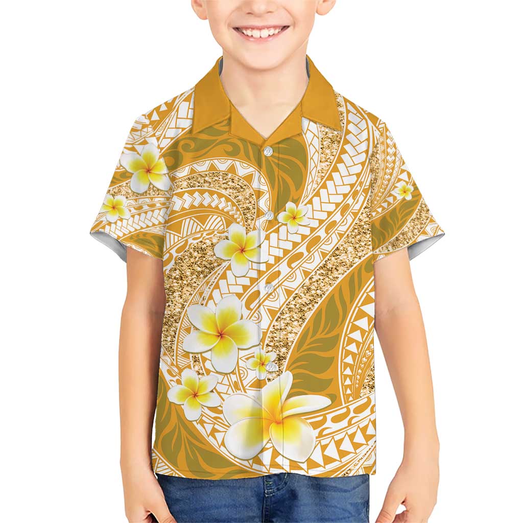 Plumeria Polynesian Gold Glitter Pattern Kid Hawaiian Shirt