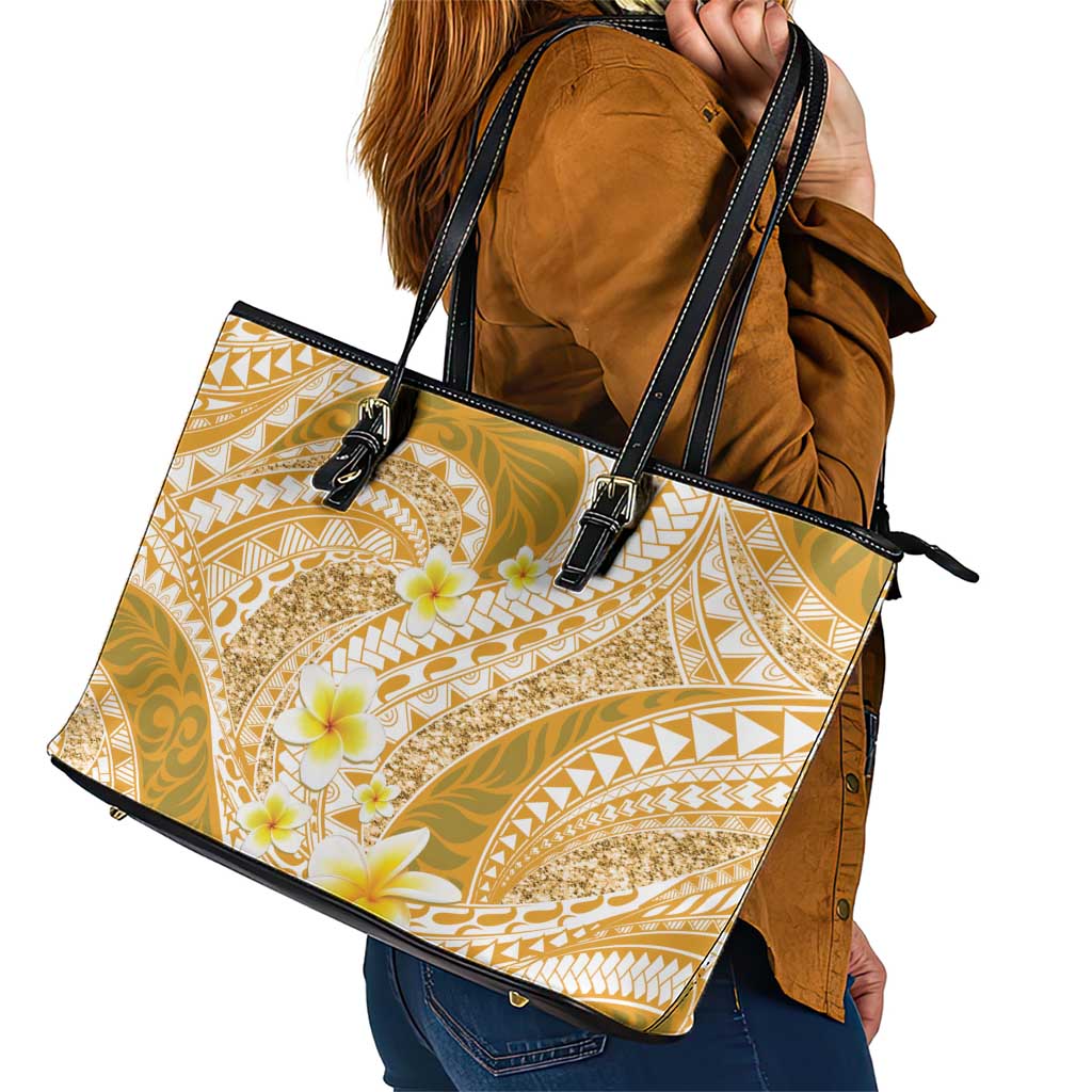 Plumeria Polynesian Gold Glitter Pattern Leather Tote Bag