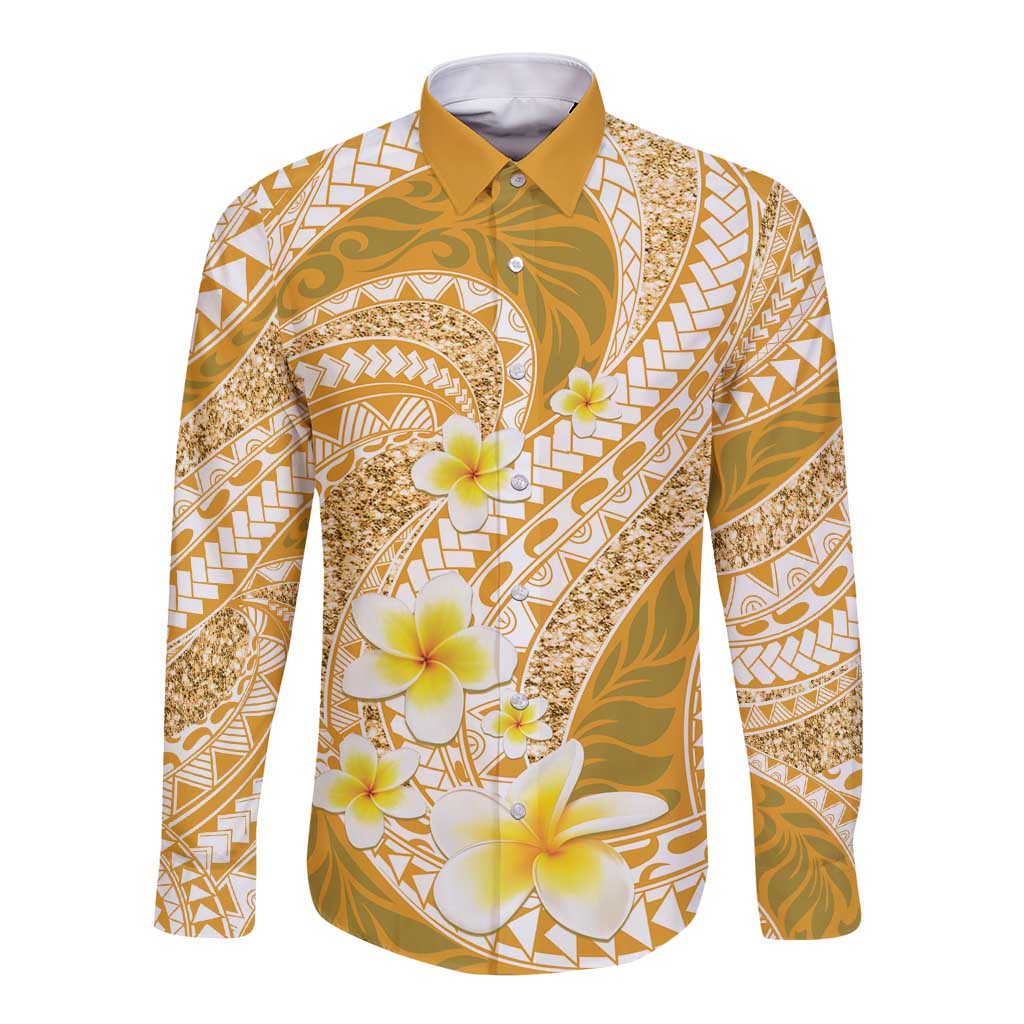 Plumeria Polynesian Gold Glitter Pattern Long Sleeve Button Shirt LT01 Unisex Gold - Polynesian Pride