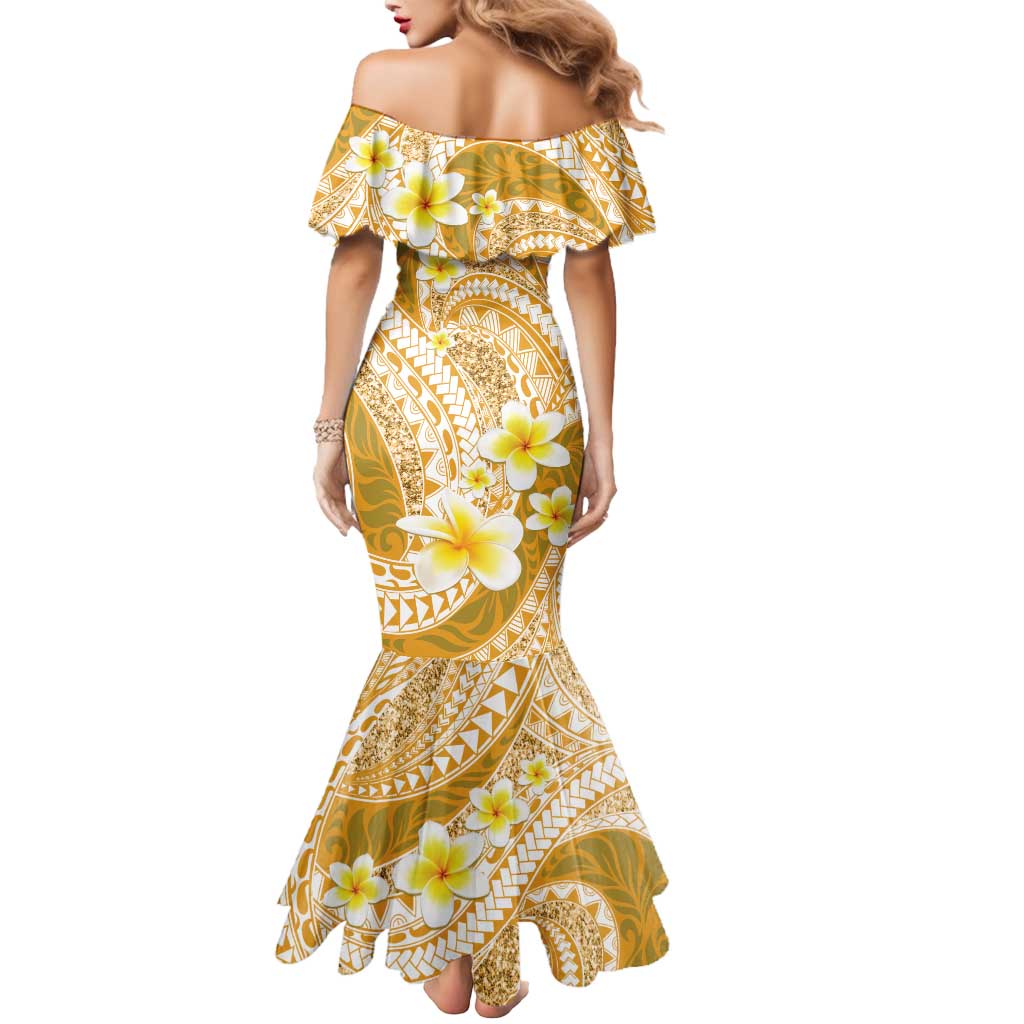 Plumeria Polynesian Gold Glitter Pattern Mermaid Dress