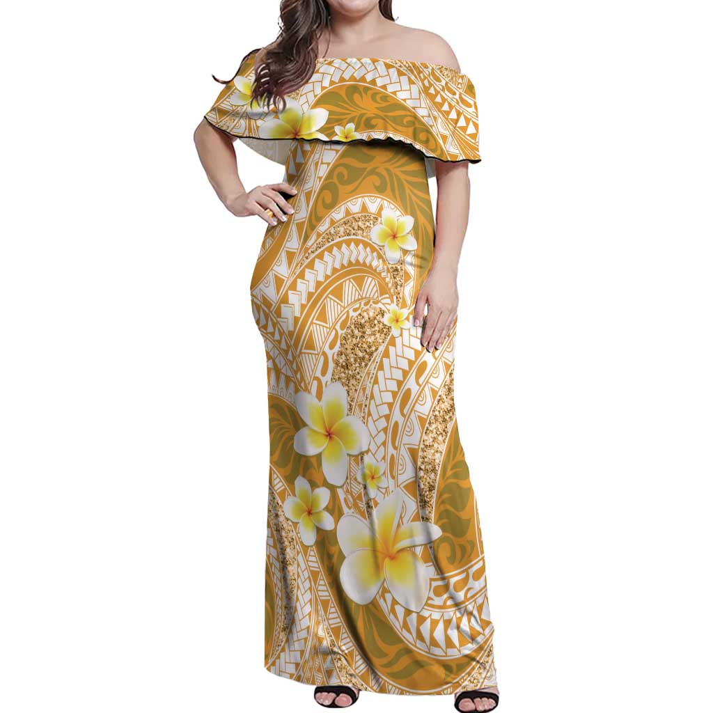 Plumeria Polynesian Gold Glitter Pattern Off Shoulder Maxi Dress