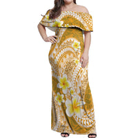 Plumeria Polynesian Gold Glitter Pattern Off Shoulder Maxi Dress