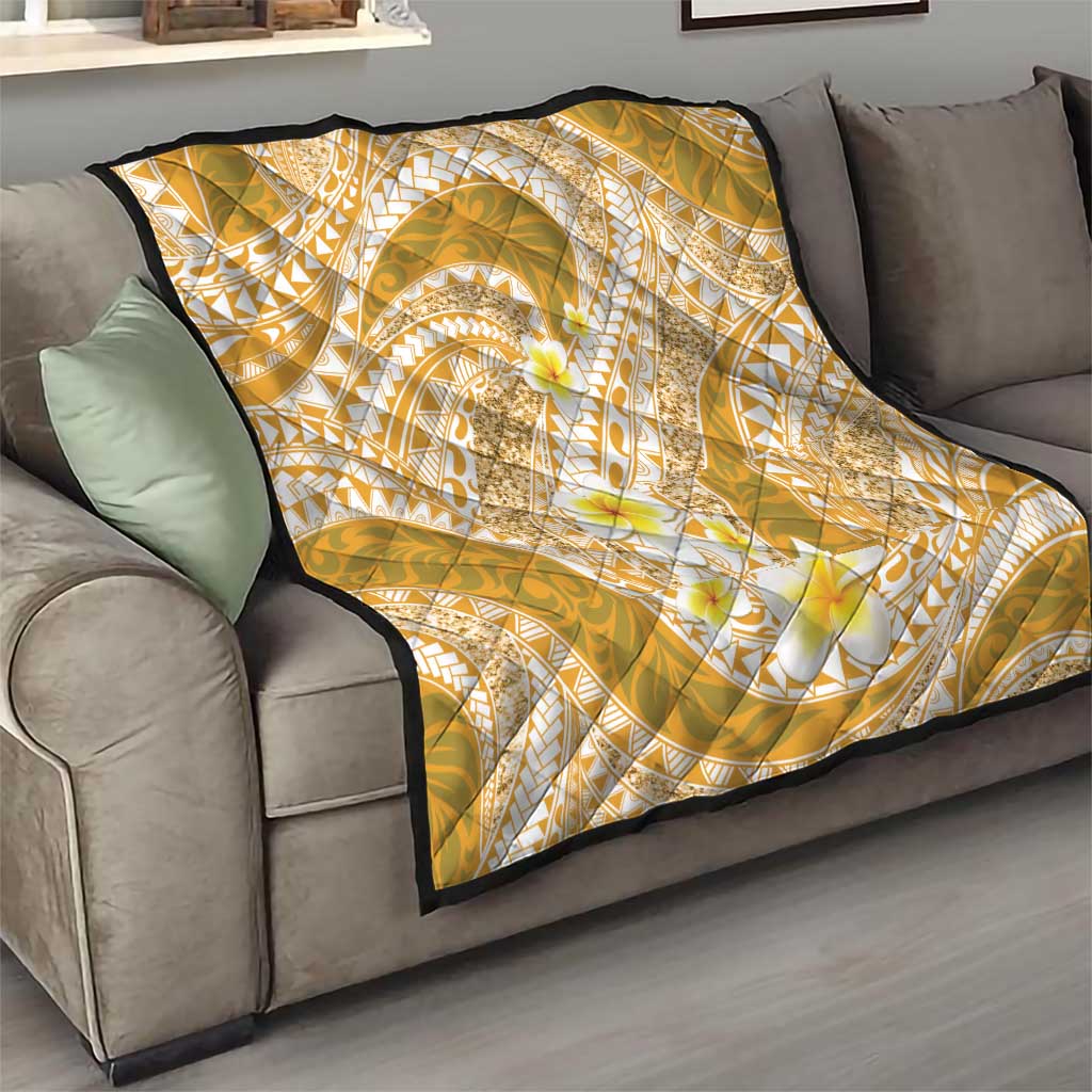 Plumeria Polynesian Gold Glitter Pattern Quilt