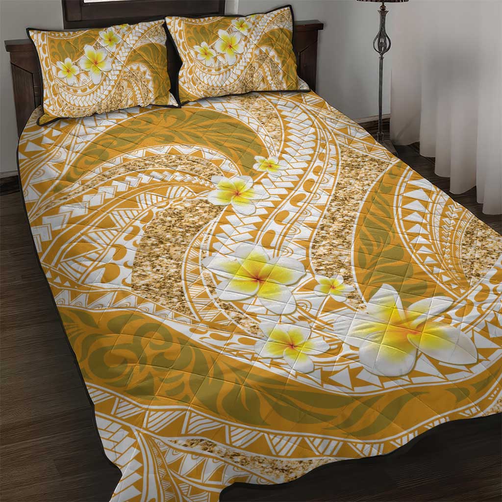 Plumeria Polynesian Gold Glitter Pattern Quilt Bed Set