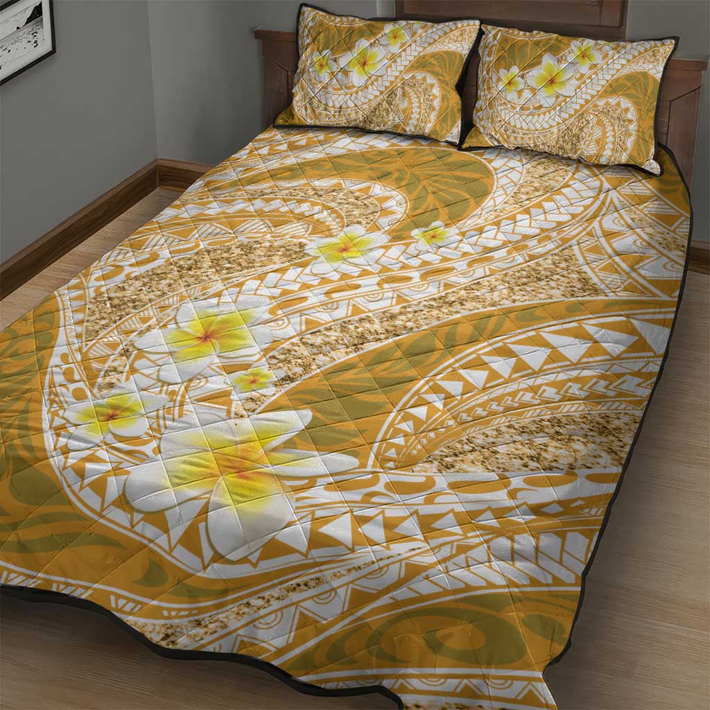 Plumeria Polynesian Gold Glitter Pattern Quilt Bed Set