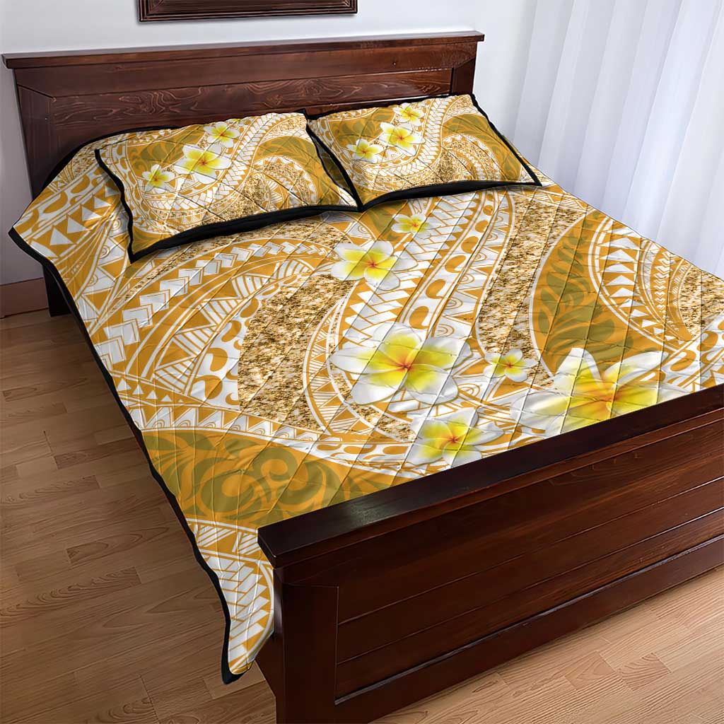 Plumeria Polynesian Gold Glitter Pattern Quilt Bed Set