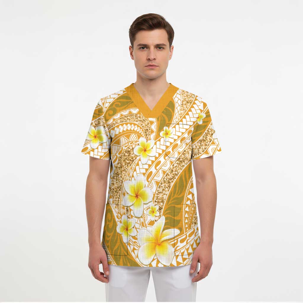 Plumeria Polynesian Gold Glitter Pattern Scrub Top - Polynesian Pride