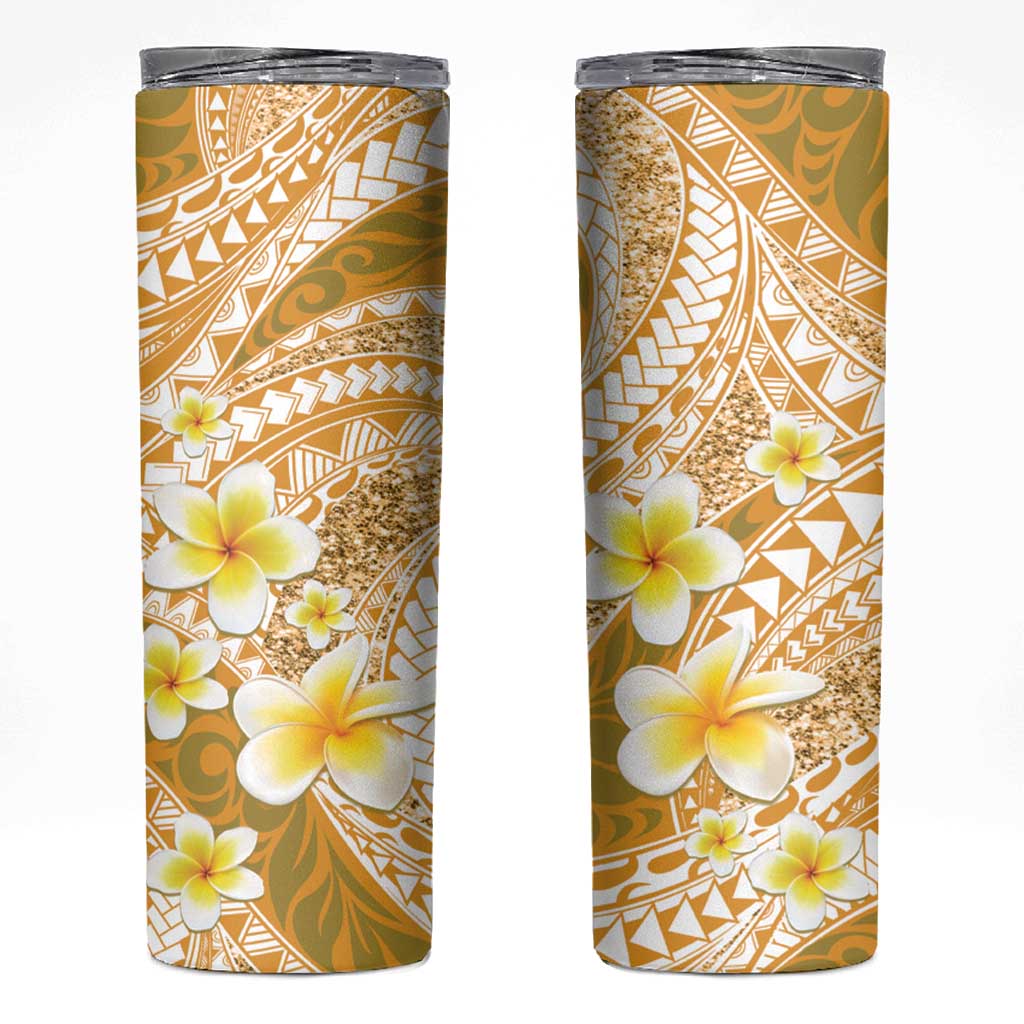 Plumeria Polynesian Gold Glitter Pattern Skinny Tumbler