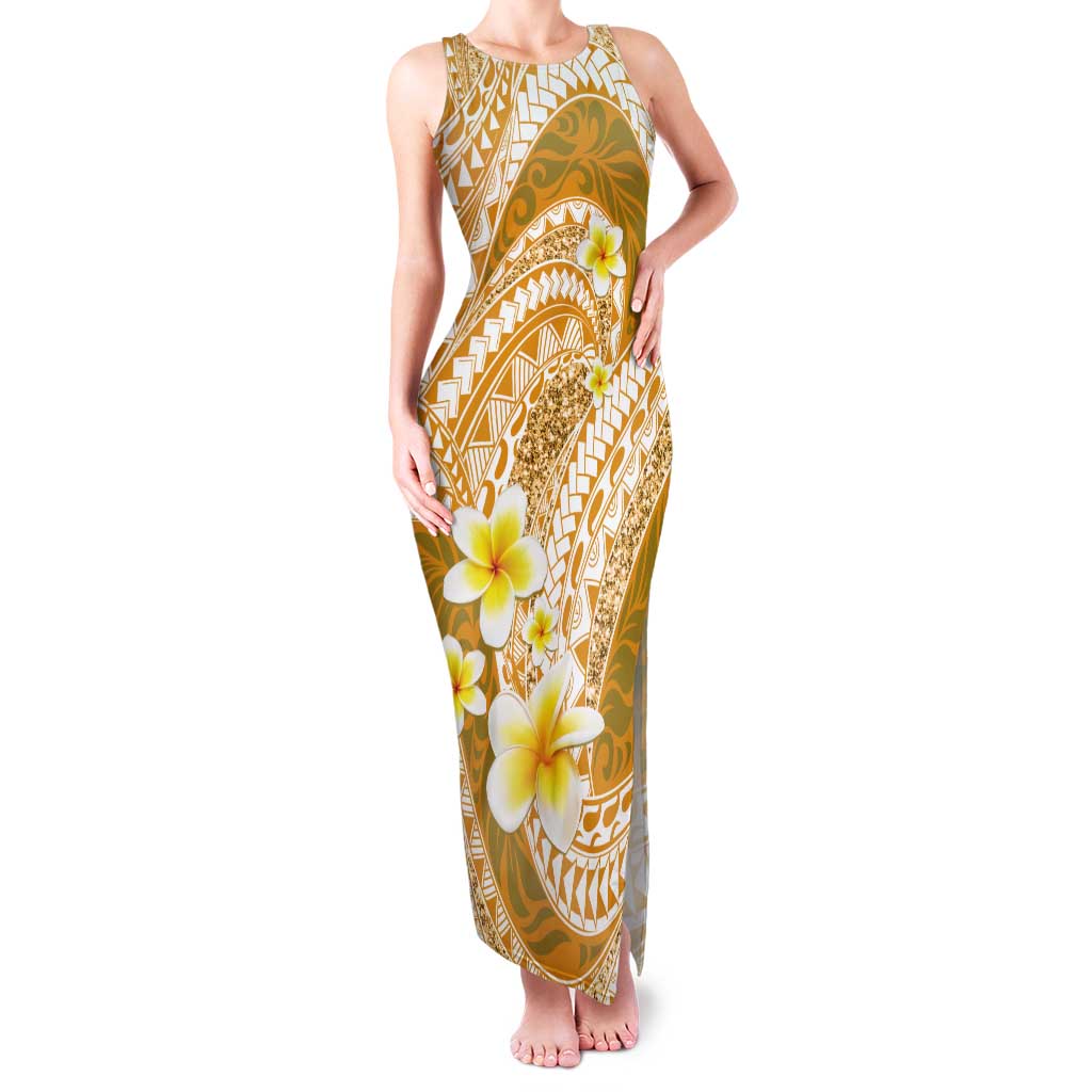 Plumeria Polynesian Gold Glitter Pattern Tank Maxi Dress