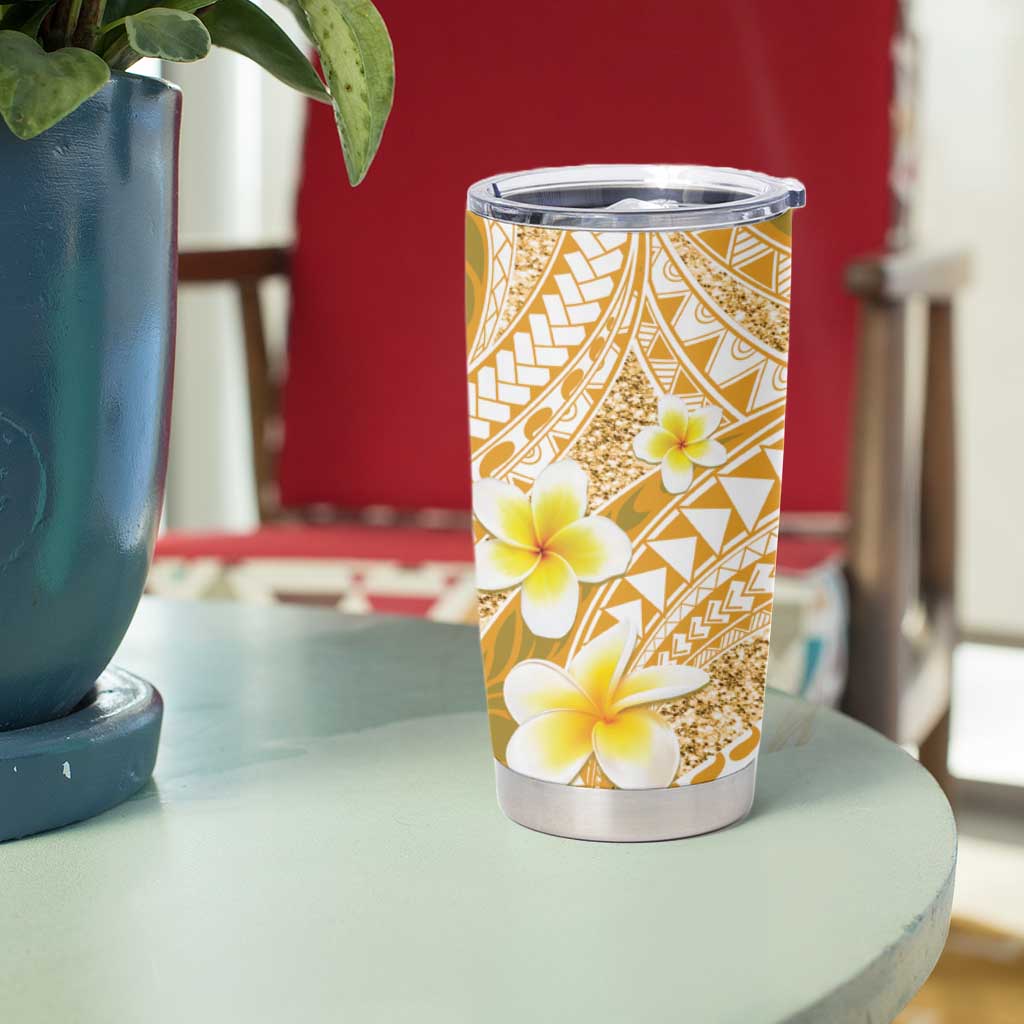 Plumeria Polynesian Gold Glitter Pattern Tumbler Cup