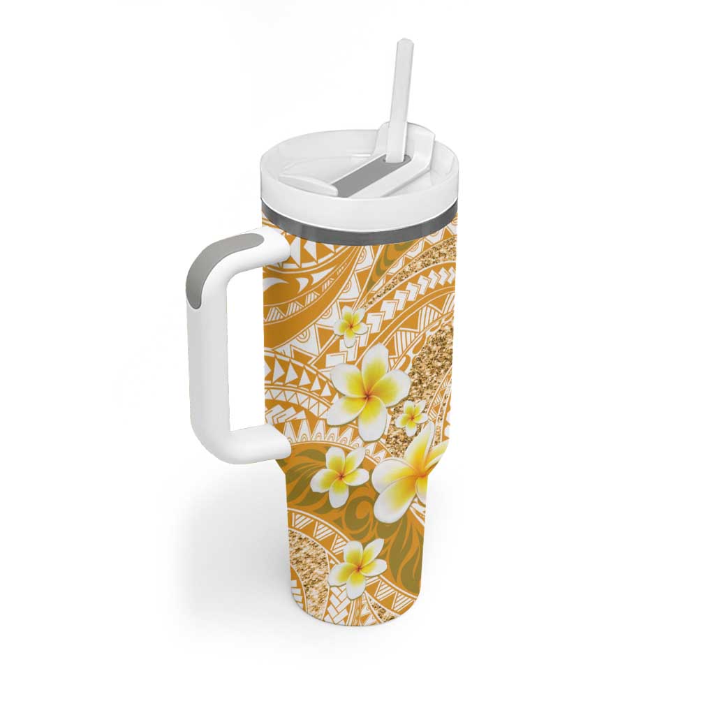Plumeria Polynesian Gold Glitter Pattern Tumbler With Handle