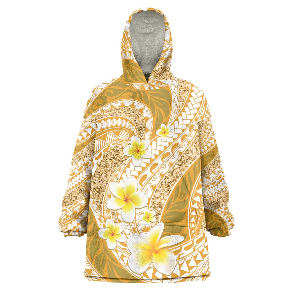 Plumeria Polynesian Gold Glitter Pattern Wearable Blanket Hoodie