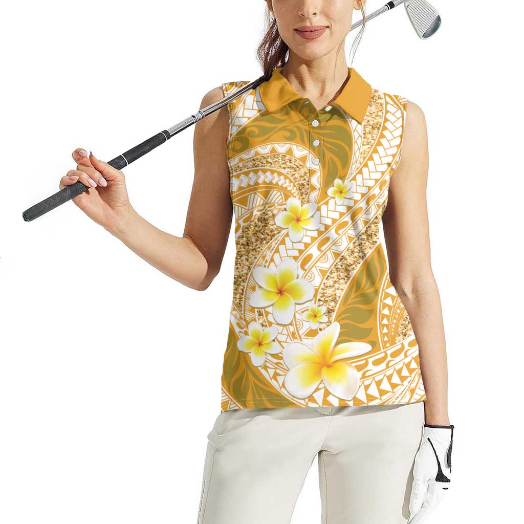 Plumeria Polynesian Gold Glitter Pattern Women Sleeveless Polo Shirt