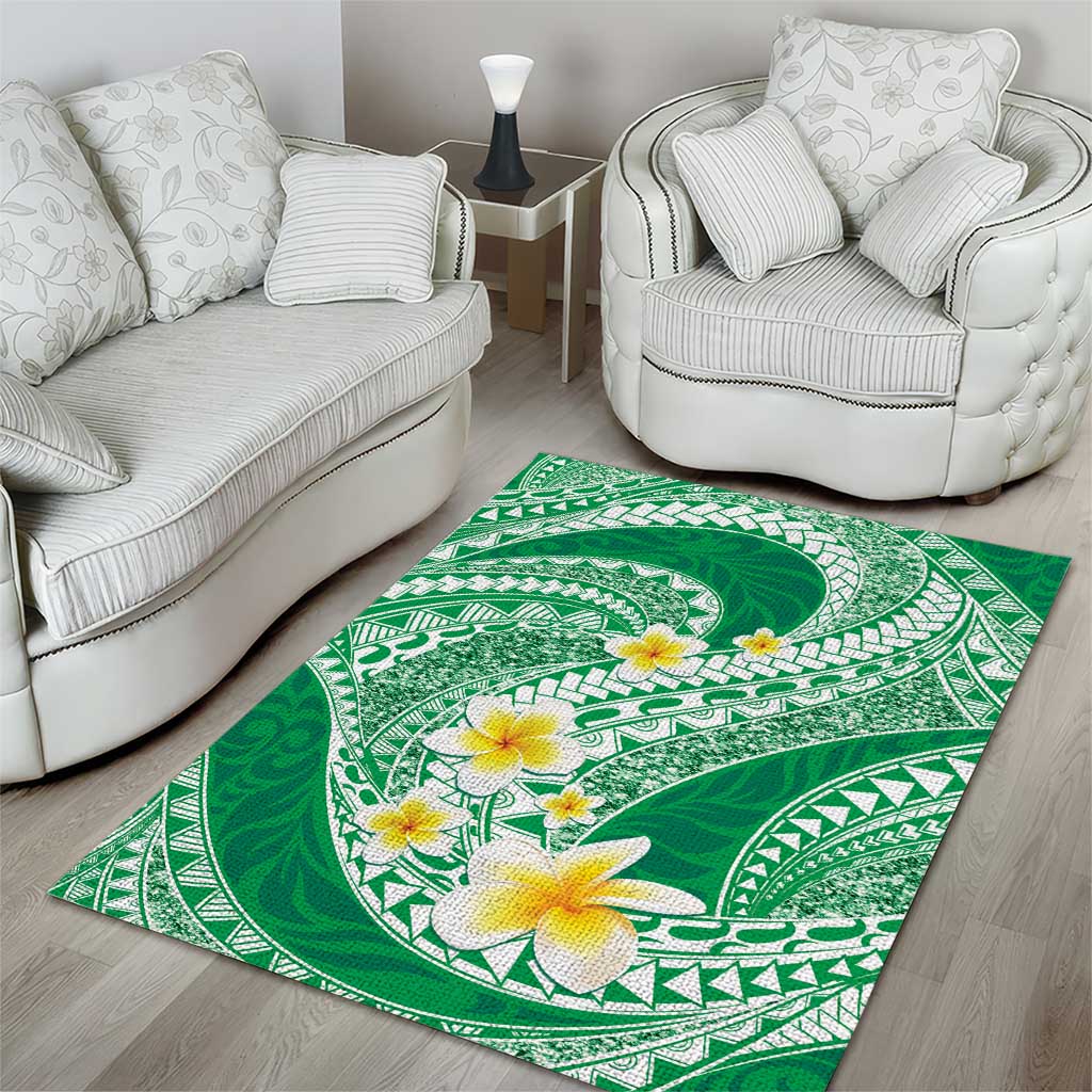 Plumeria Polynesian Green Glitter Pattern Area Rug