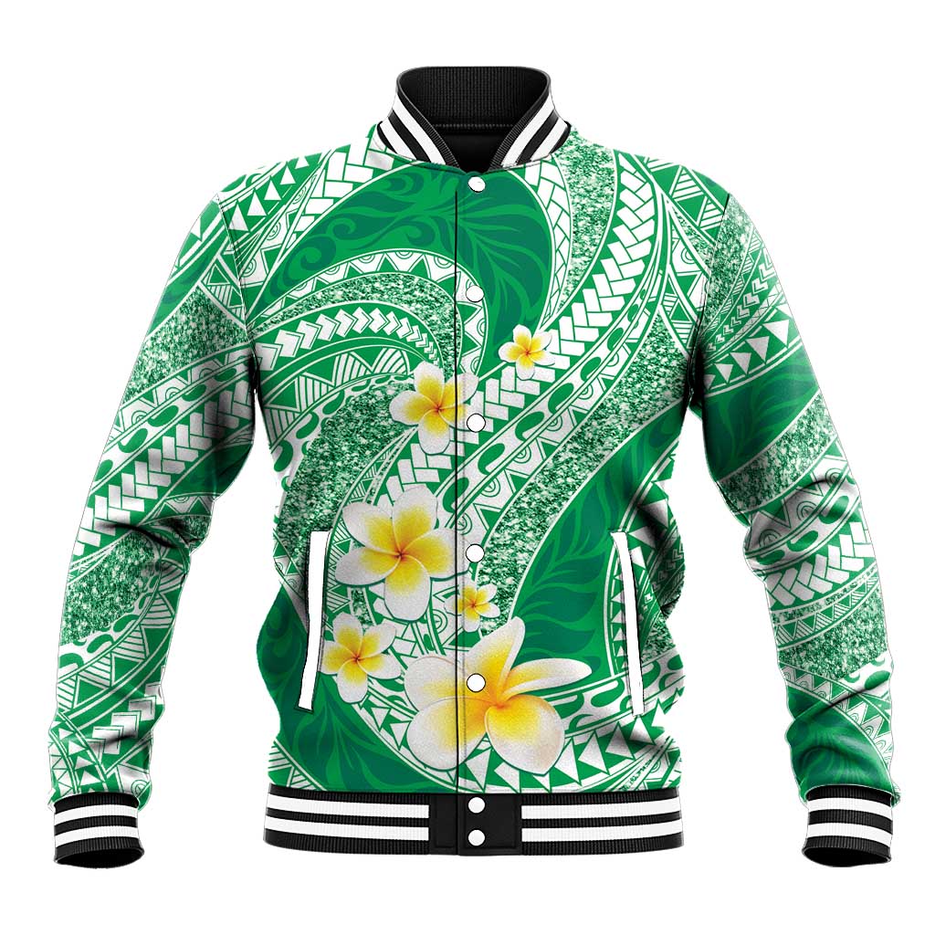 Plumeria Polynesian Green Glitter Pattern Baseball Jacket LT01 Unisex Green - Polynesian Pride