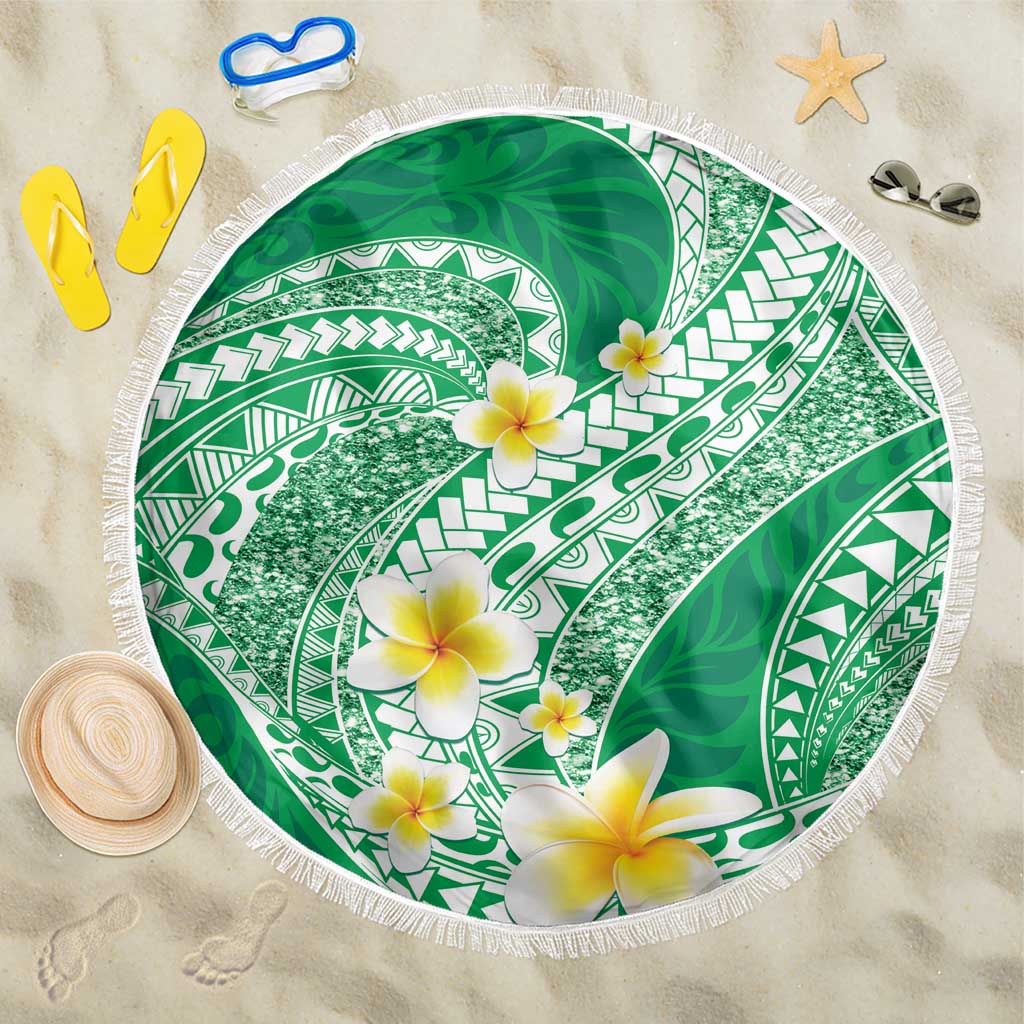 Plumeria Polynesian Green Glitter Pattern Beach Blanket LT01 One Size 150cm Green - Polynesian Pride