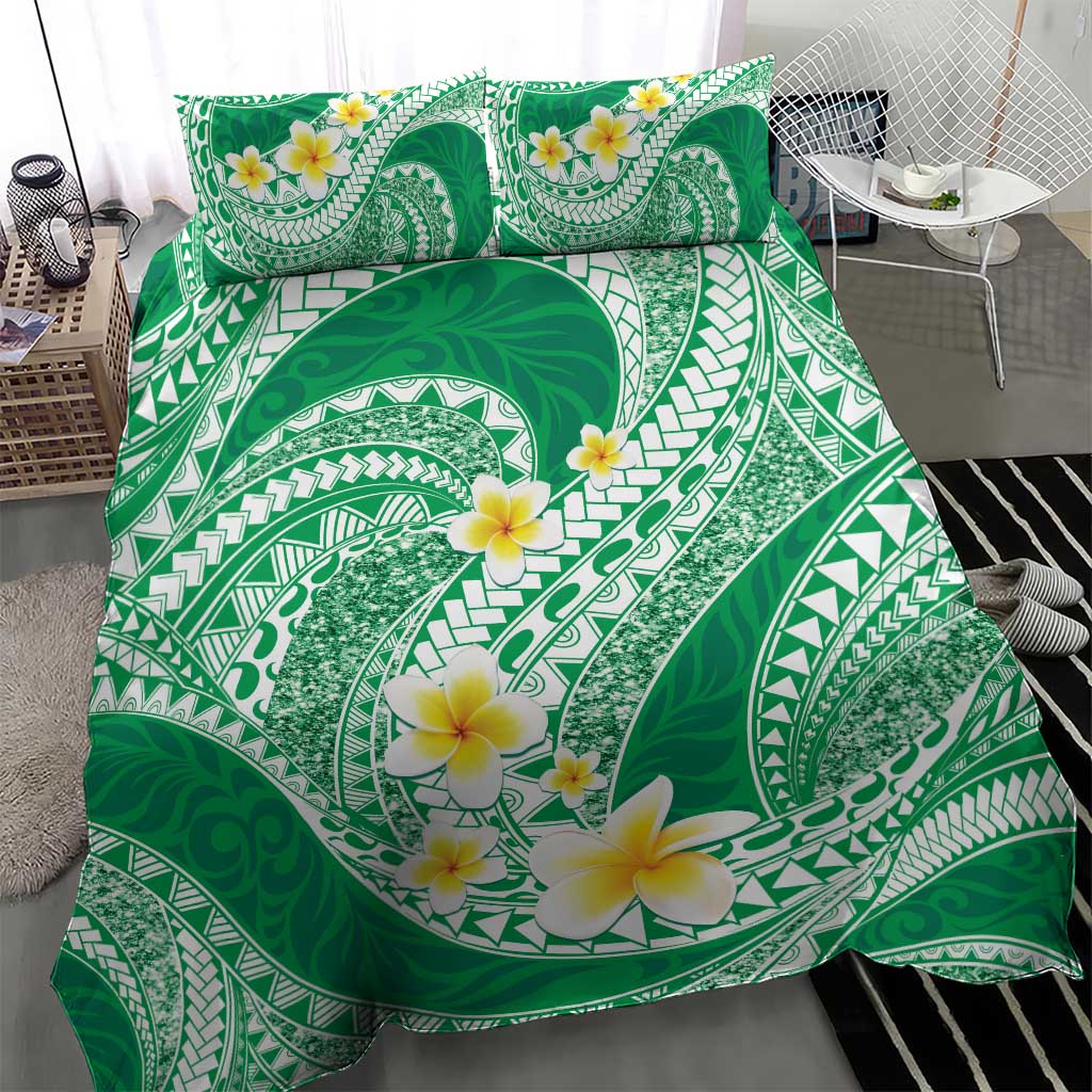 Plumeria Polynesian Green Glitter Pattern Bedding Set