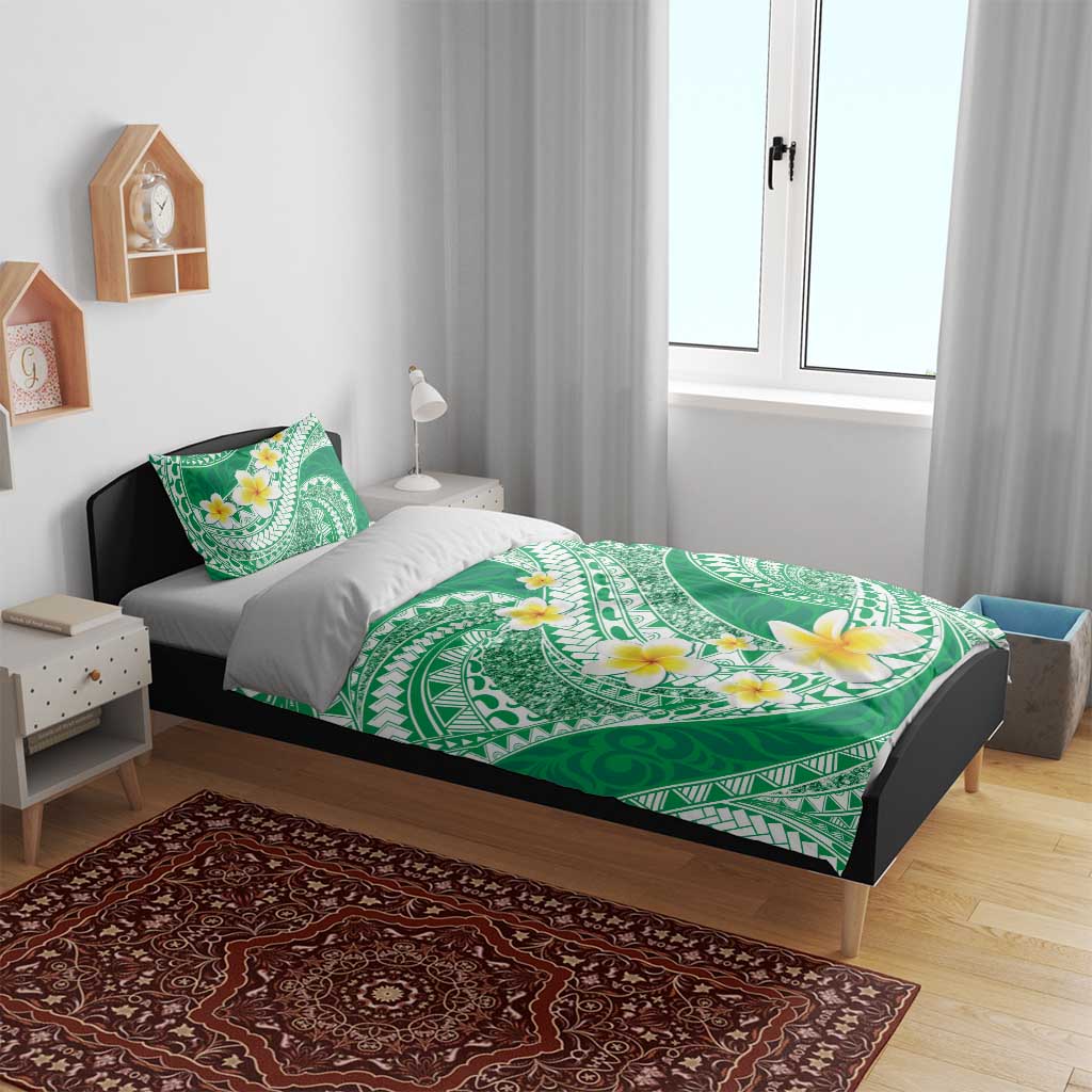 Plumeria Polynesian Green Glitter Pattern Bedding Set
