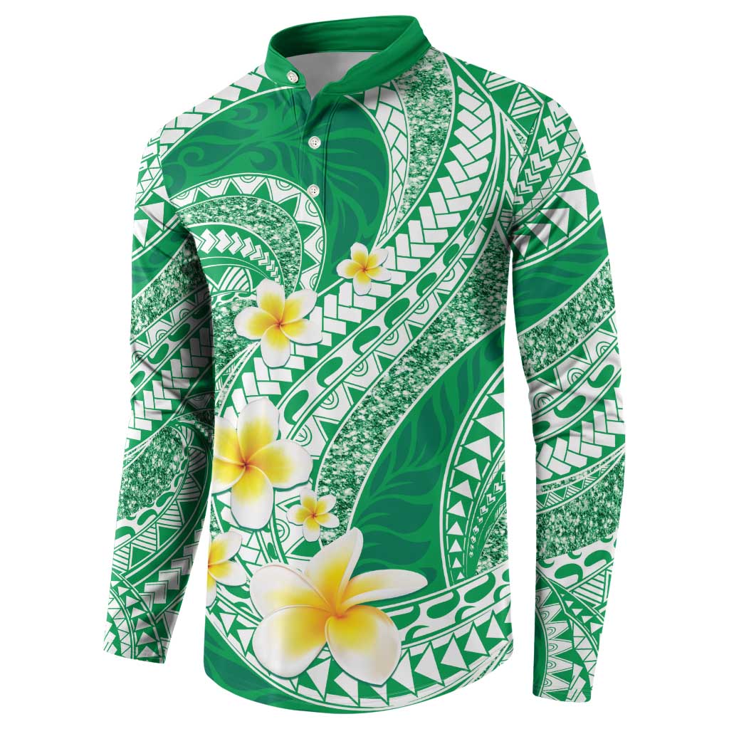 Plumeria Polynesian Green Glitter Pattern Button Sweatshirt