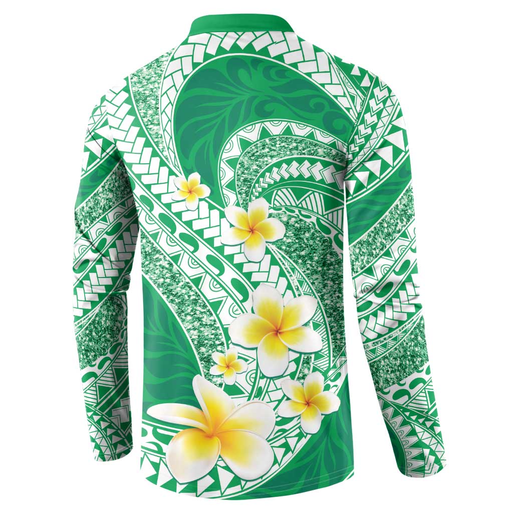 Plumeria Polynesian Green Glitter Pattern Button Sweatshirt