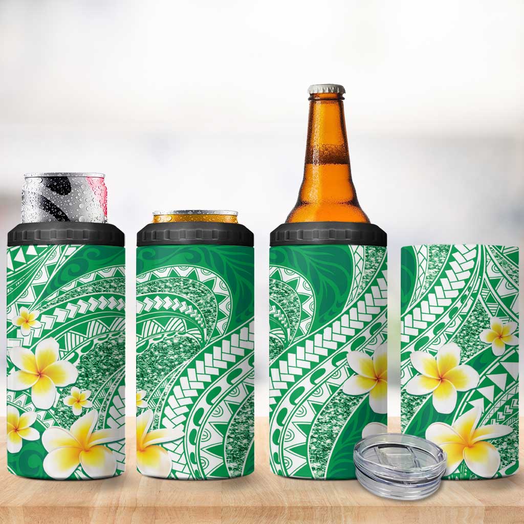 Plumeria Polynesian Green Glitter Pattern 4 in 1 Can Cooler Tumbler