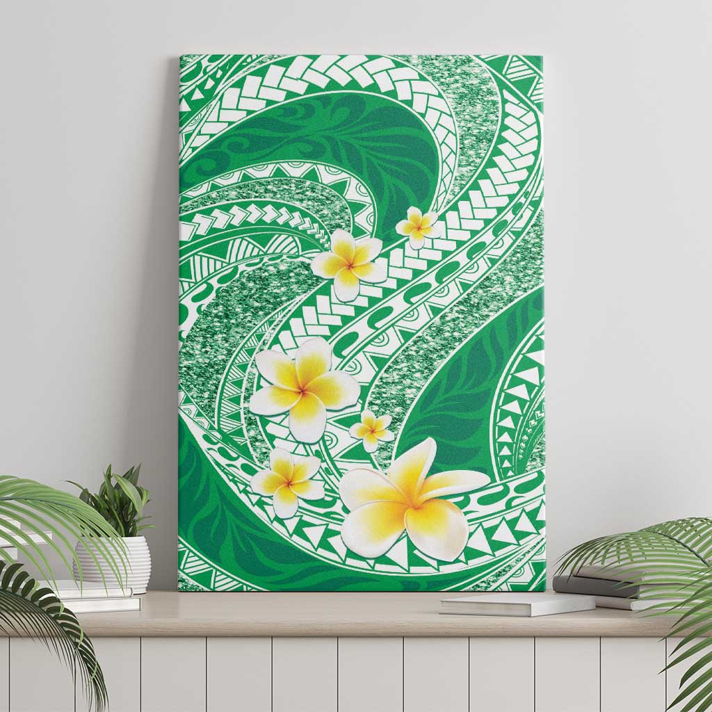 Plumeria Polynesian Green Glitter Pattern Canvas Wall Art