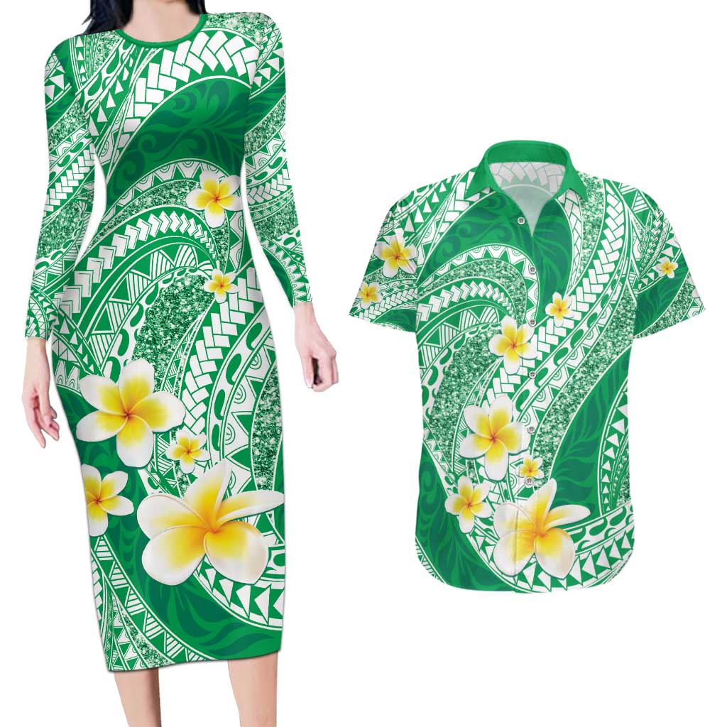 Plumeria Polynesian Green Glitter Pattern Couples Matching Long Sleeve Bodycon Dress and Hawaiian Shirt