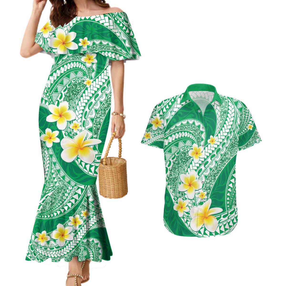 Plumeria Polynesian Green Glitter Pattern Couples Matching Mermaid Dress and Hawaiian Shirt