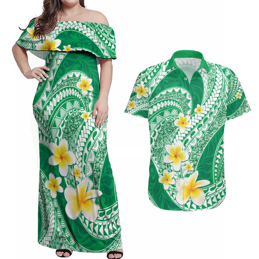 Plumeria Polynesian Green Glitter Pattern Couples Matching Off Shoulder Maxi Dress and Hawaiian Shirt