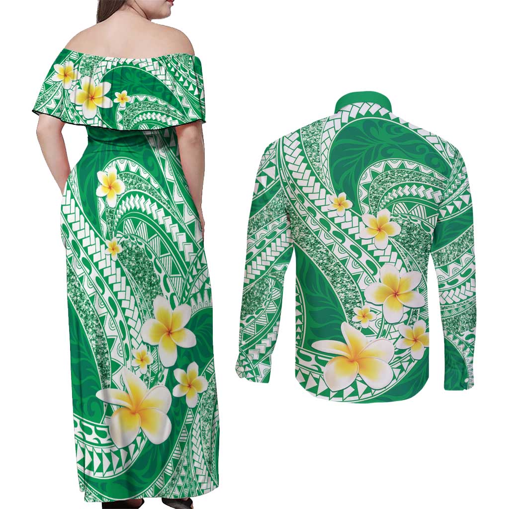 Plumeria Polynesian Green Glitter Pattern Couples Matching Off Shoulder Maxi Dress and Long Sleeve Button Shirt