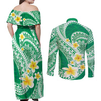 Plumeria Polynesian Green Glitter Pattern Couples Matching Off Shoulder Maxi Dress and Long Sleeve Button Shirt
