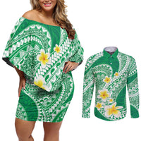 Plumeria Polynesian Green Glitter Pattern Couples Matching Off Shoulder Short Dress and Long Sleeve Button Shirt