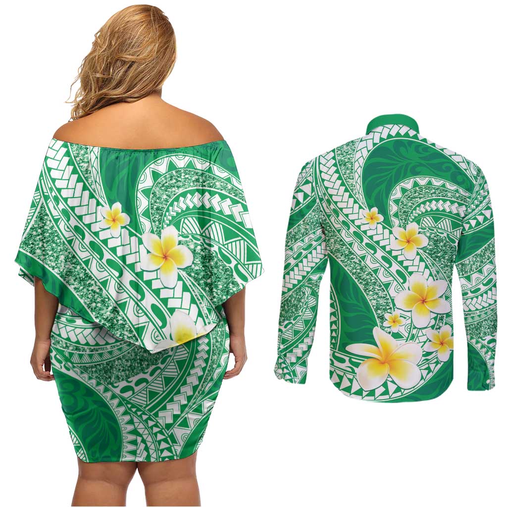 Plumeria Polynesian Green Glitter Pattern Couples Matching Off Shoulder Short Dress and Long Sleeve Button Shirt