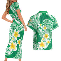 Plumeria Polynesian Green Glitter Pattern Couples Matching Short Sleeve Bodycon Dress and Hawaiian Shirt