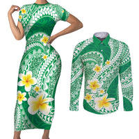 Plumeria Polynesian Green Glitter Pattern Couples Matching Short Sleeve Bodycon Dress and Long Sleeve Button Shirt